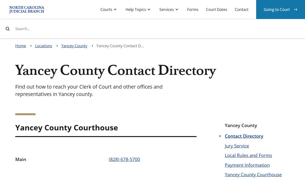 Yancey County Clerk of Superior Court contact directory for court records