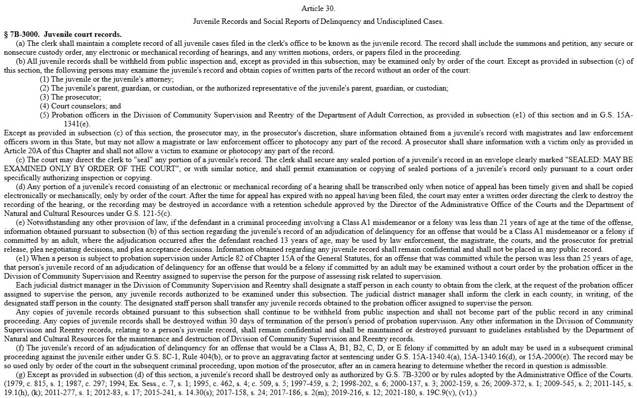 Yancey County Clerk of Superior Court juvenile delinquency confidentiality statute