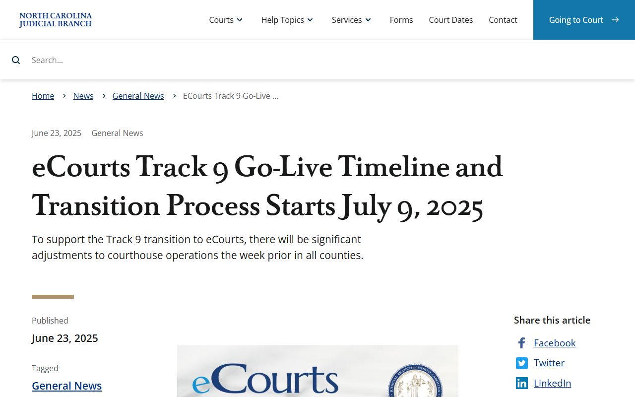 Yancey County court dockets eCourts Track 9 transition timeline