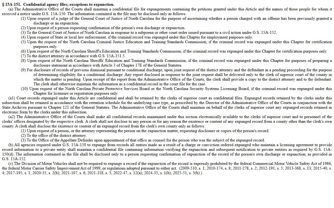 Yancey County criminal court records expunction confidentiality statute