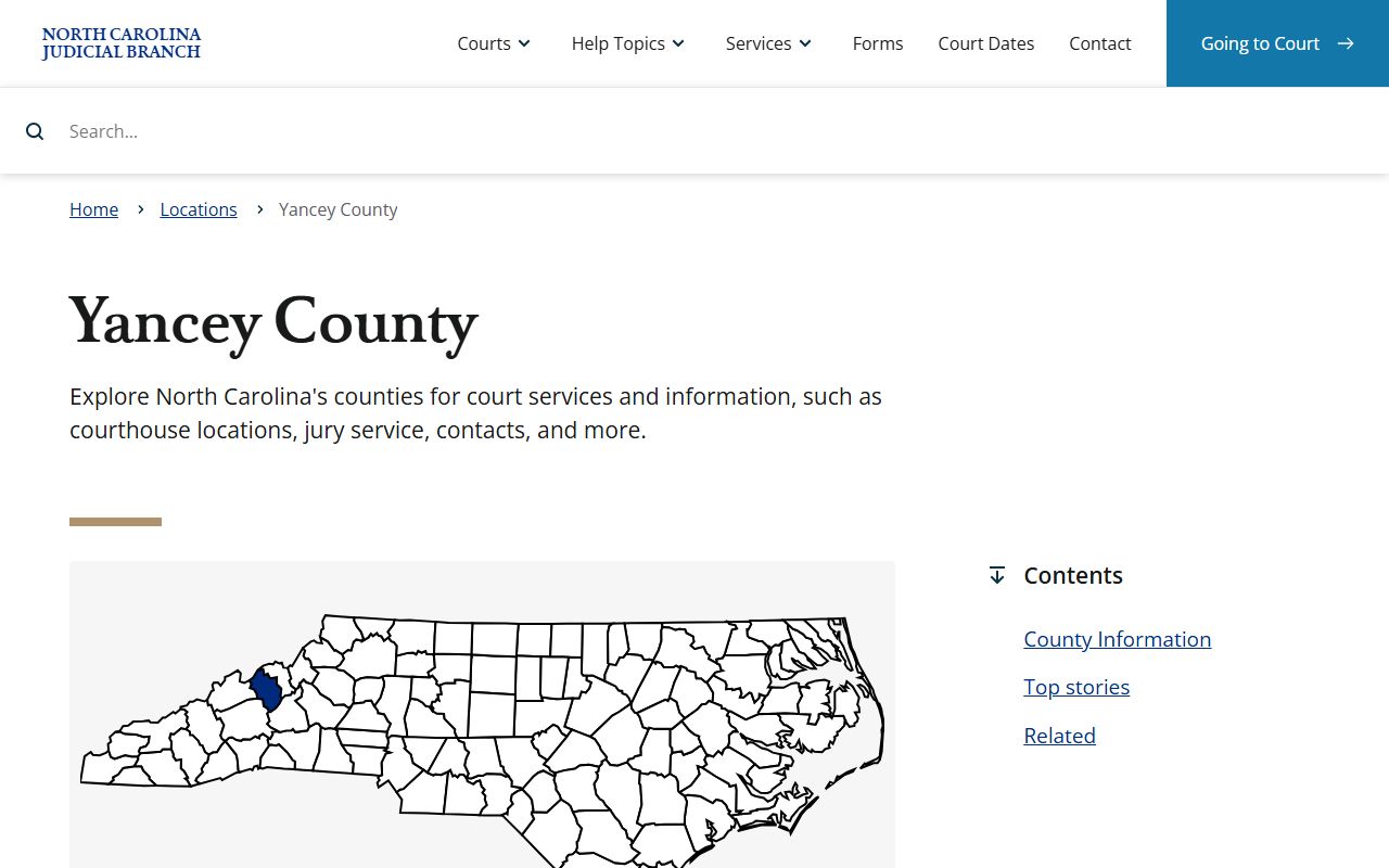 Yancey County Court records page on the NC Judicial Branch website