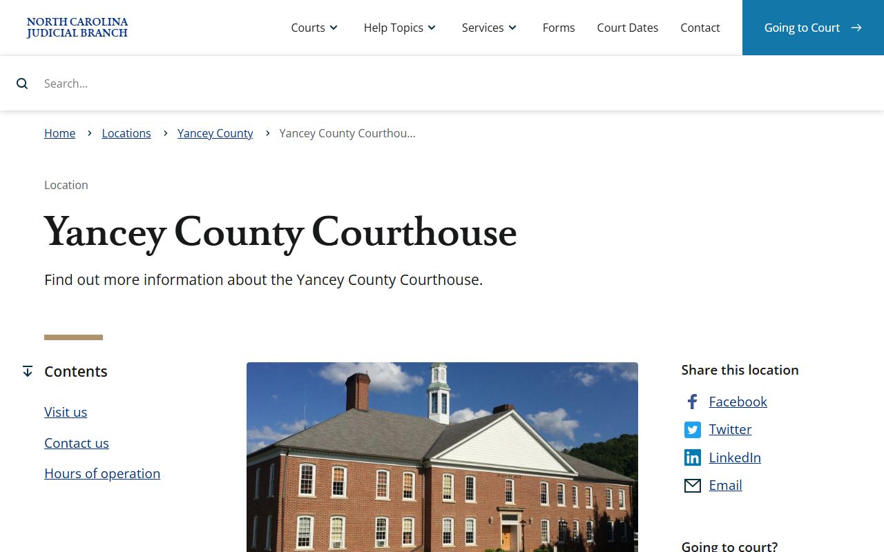 Yancey County Courthouse page for court records and clerk access