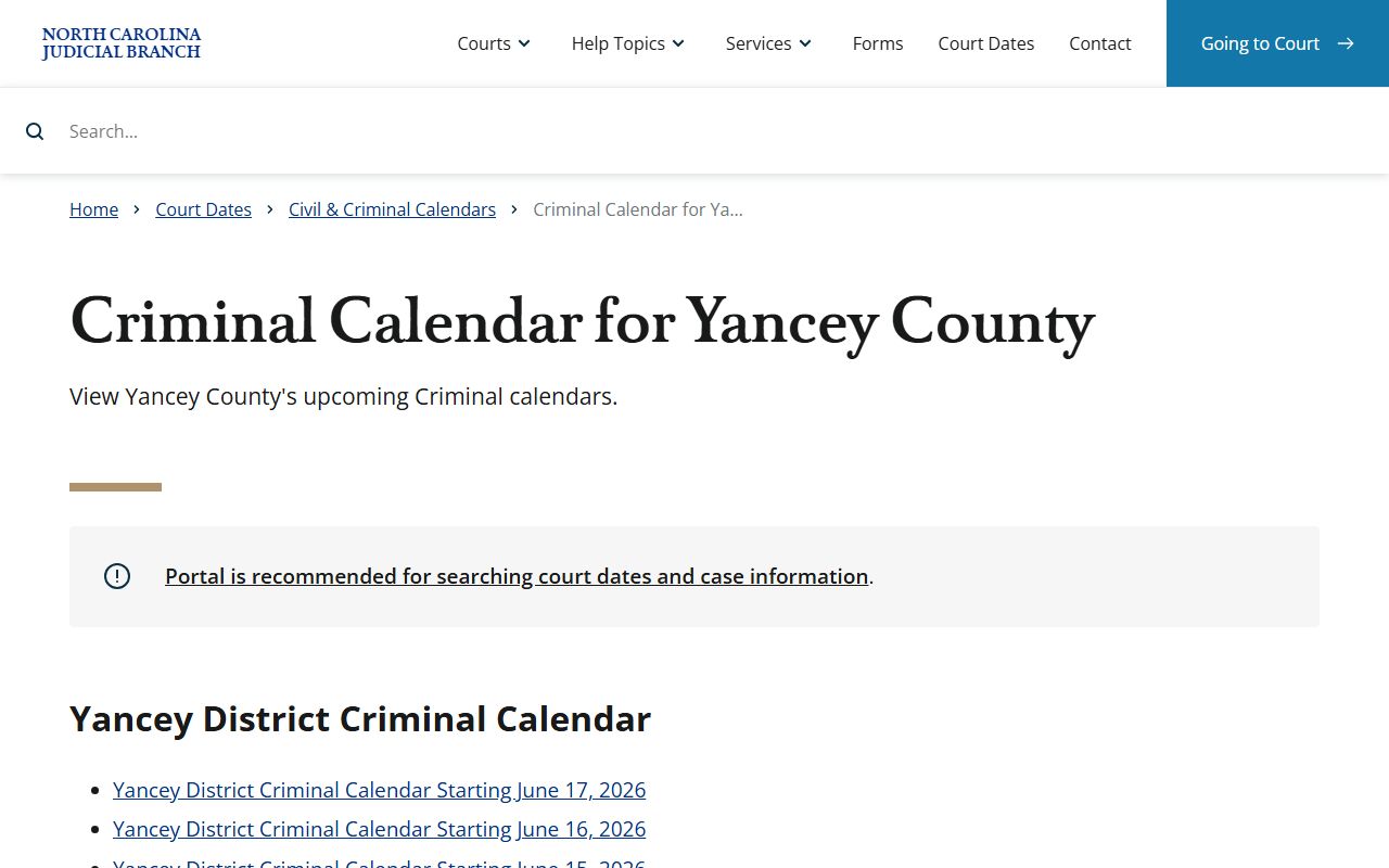 Yancey County Court criminal calendar search for dockets