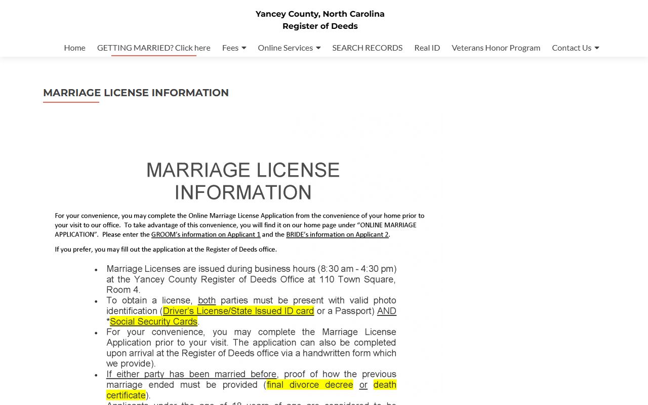 Yancey County marriage records license information