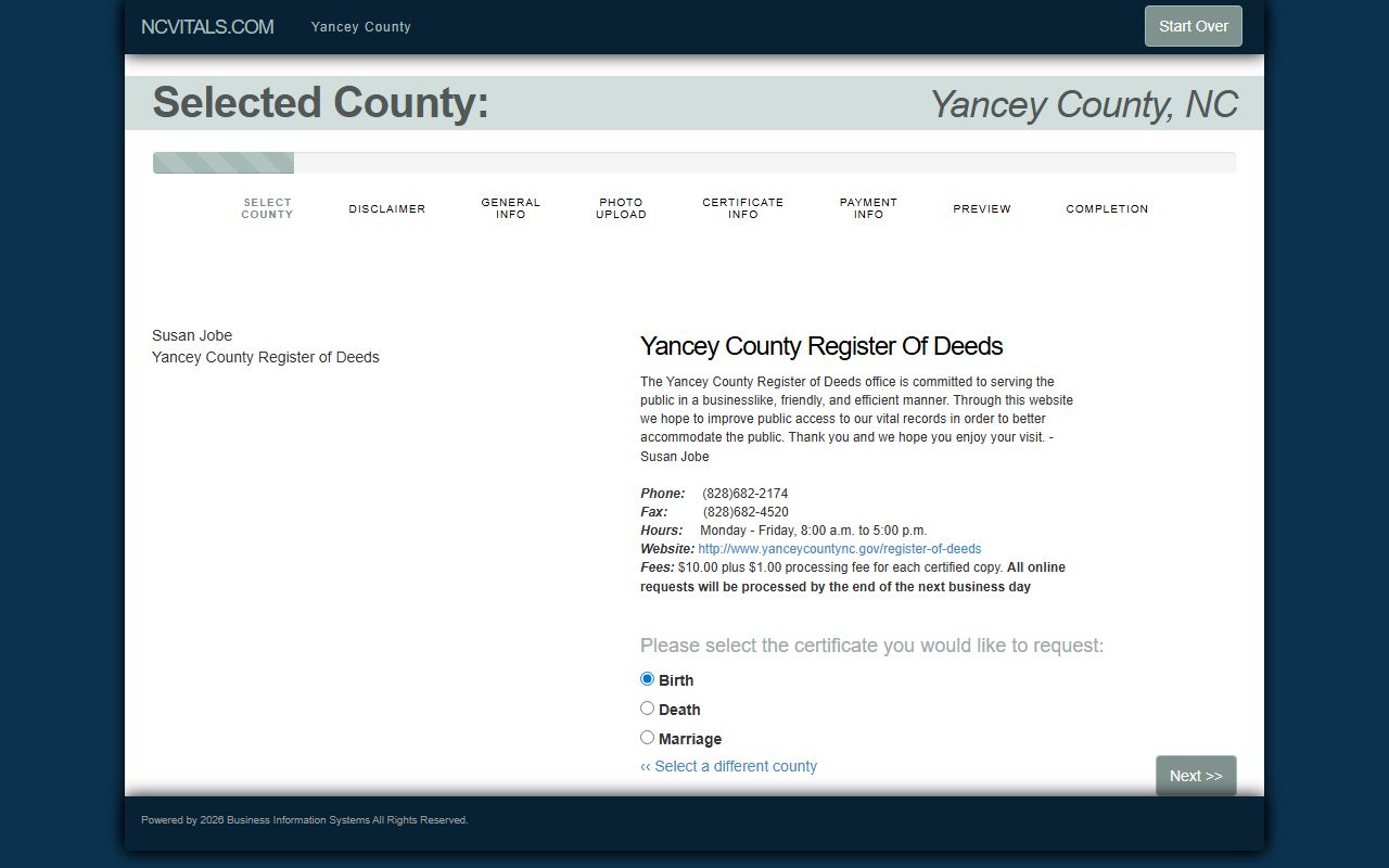 Yancey County marriage records NCVitals request