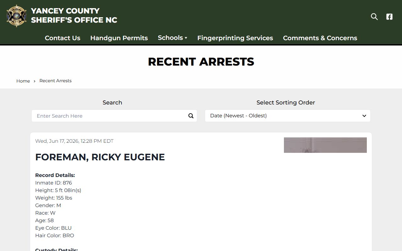 Yancey County warrant search recent arrests route